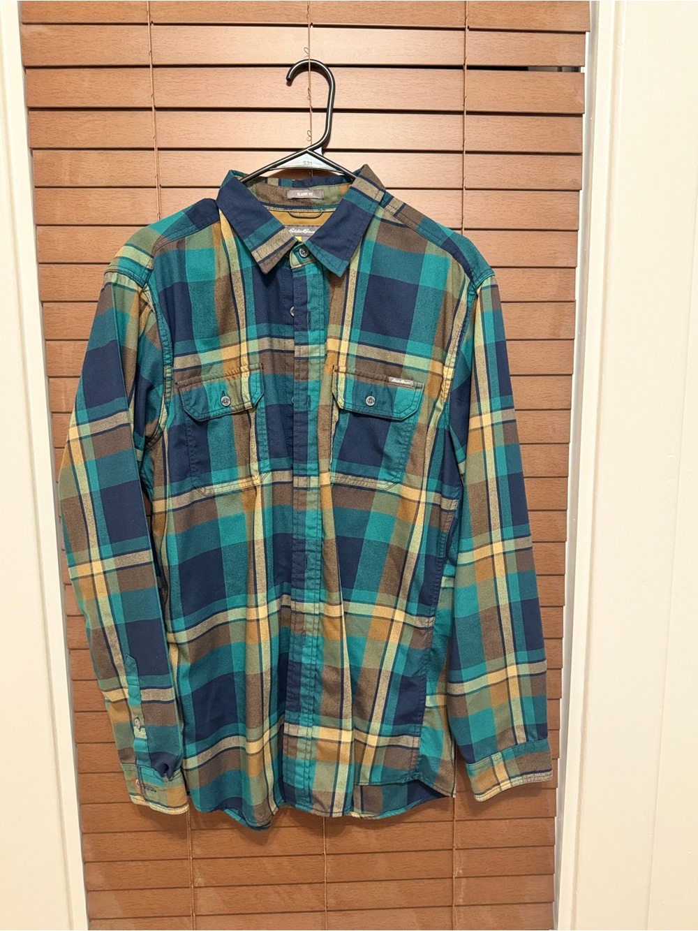 Eddie Bauer Teal and Navy Plaid Button-Up Shirt